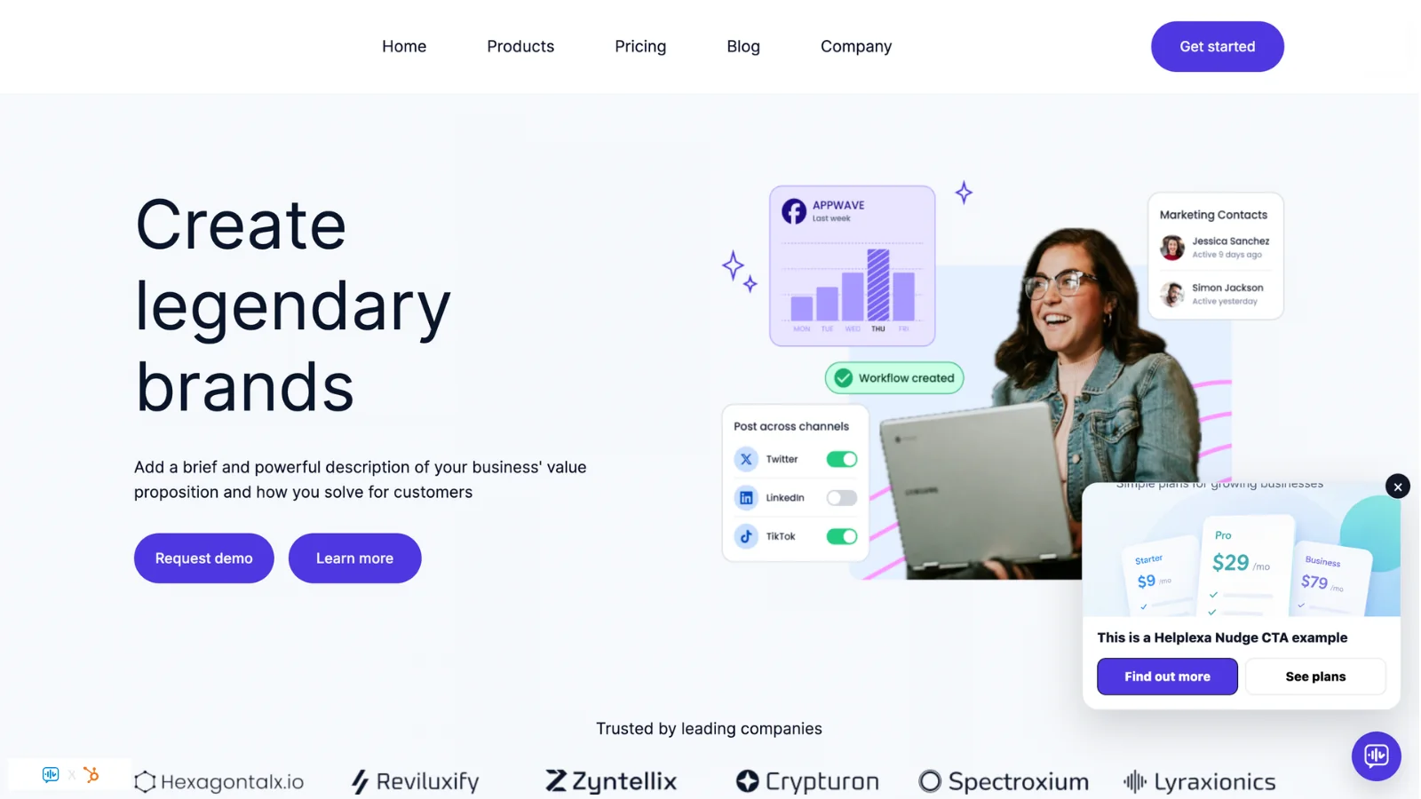 Helplexa proactive website nudge inviting a visitor to view pricing and start a conversation
