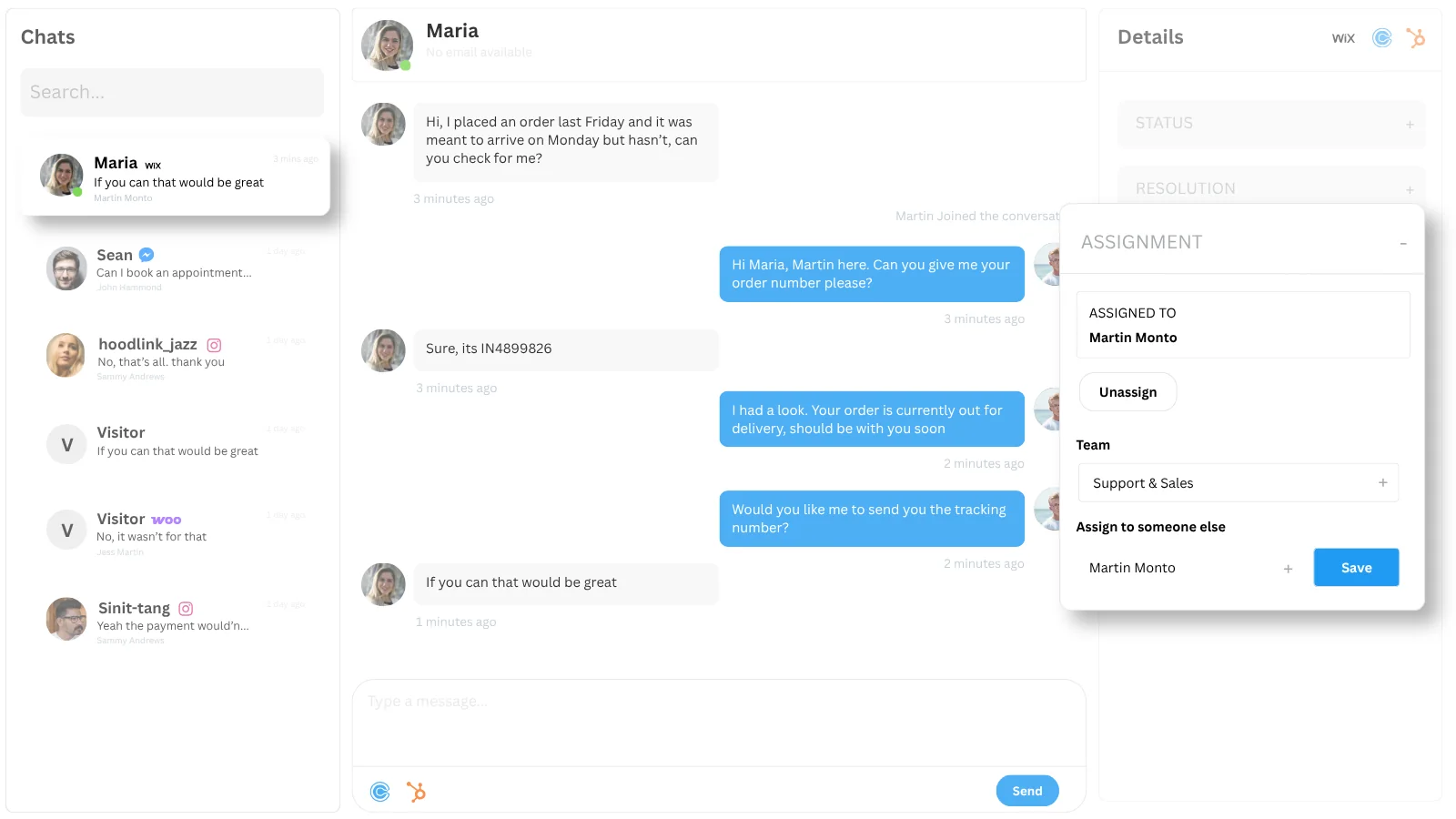 Helplexa shared team inbox showing an active customer conversation and team assignment controls